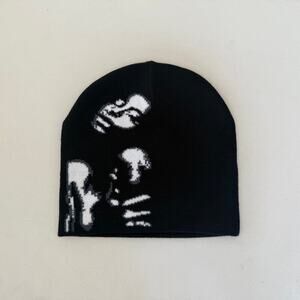 grunge gothic punk ghost face cozy black and white beanie